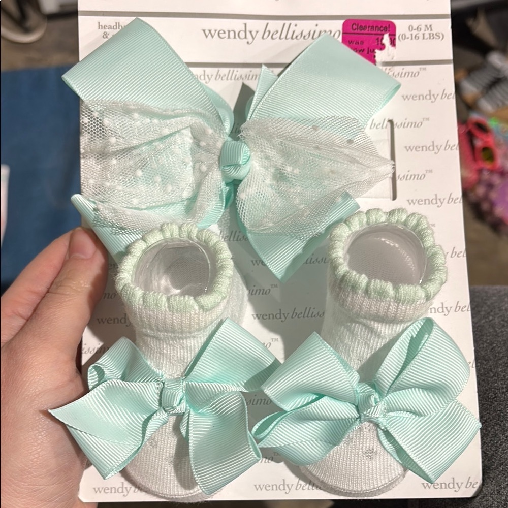 Wendy Bellissimo Mint and White Socks with Bows and Headband